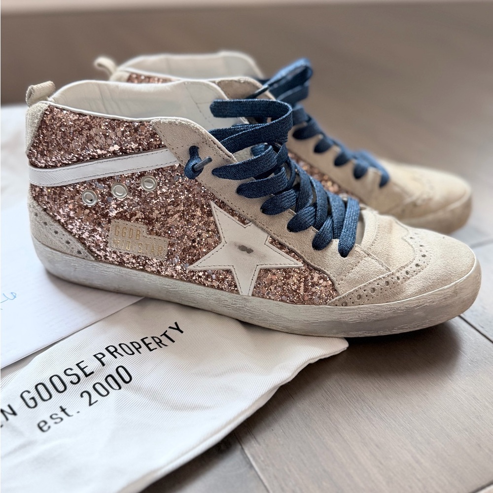 Golden Goose Mid Star High-Top Sneakers  Glitter Pink Champagne Rose Gold 40